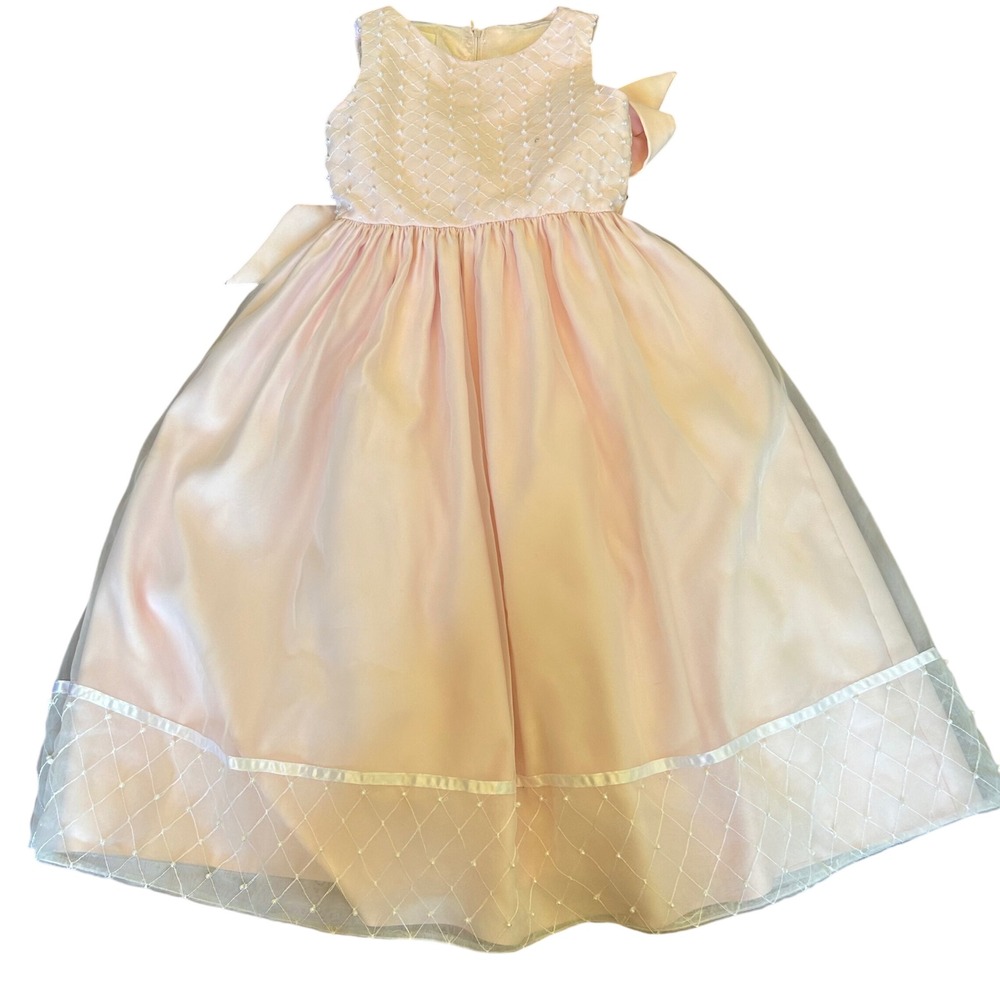 Cinderella Flower Girl Dress Girls Pale Pink Pearl Lattice Tulle Bow Size 8
